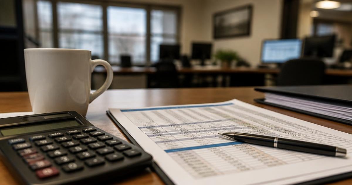 A calculator, pen and printed cost spreadsheet on a brokerage desk, representing cost per agent hire