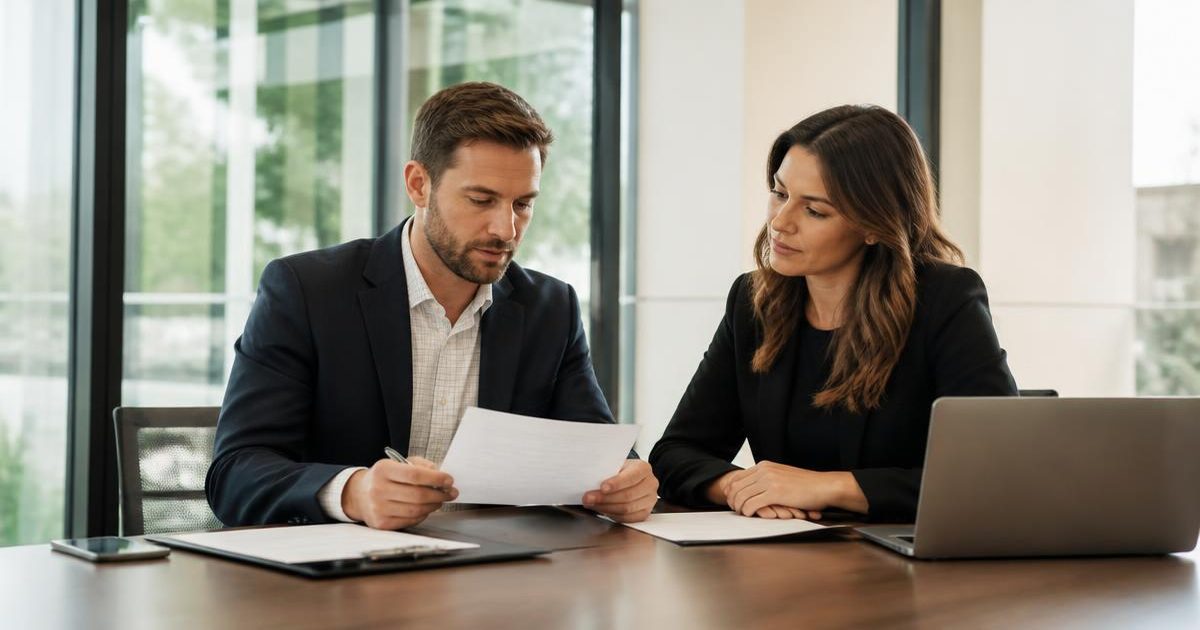 A brokerage owner and a real estate agent reviewing brokerage agreement paperwork together in a glass conference room