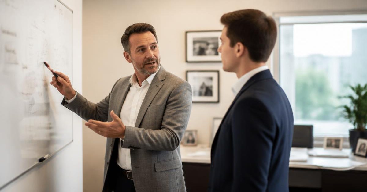 A broker coaching a newly recruited agent at an office whiteboard during a 30/60/90 day onboarding session