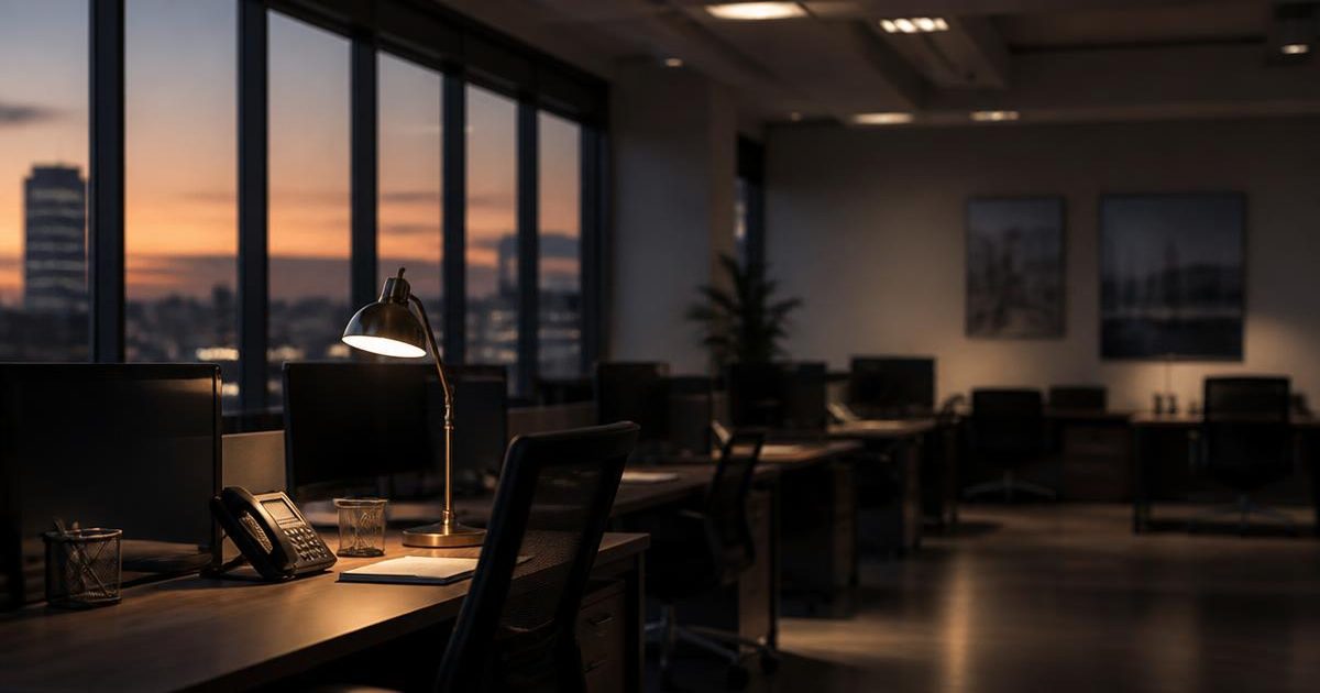Empty desks in a real estate brokerage office at dusk with a single lamp still lit, illustrating agent turnover